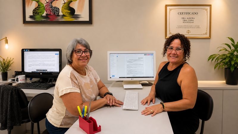 Dra. Aurora e Dra. Liana em atendimento no escritório